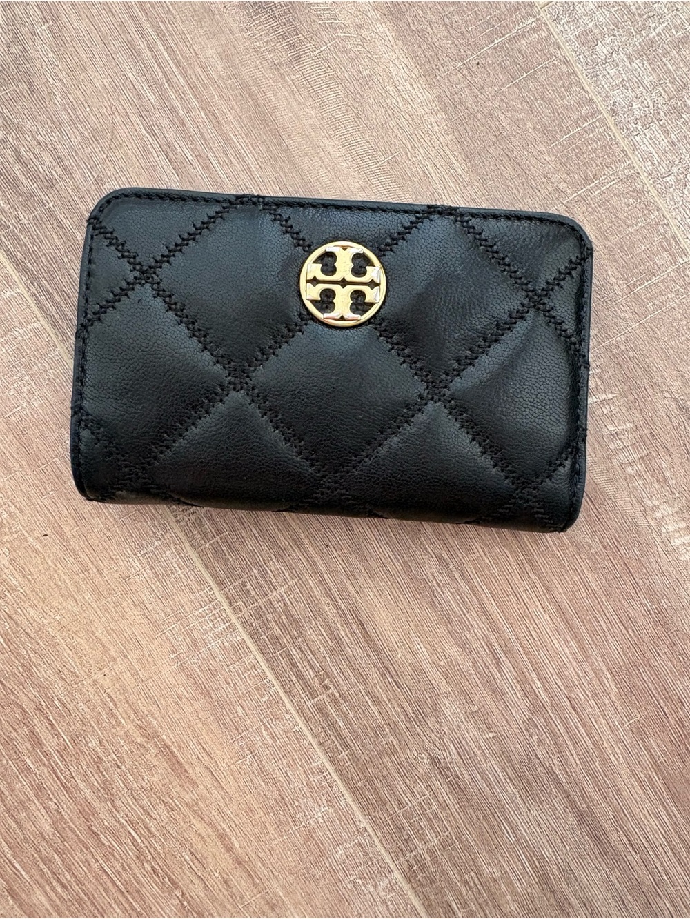 Tory Burch Black Quilted Leather Zip Wallet with Gold Emblem
